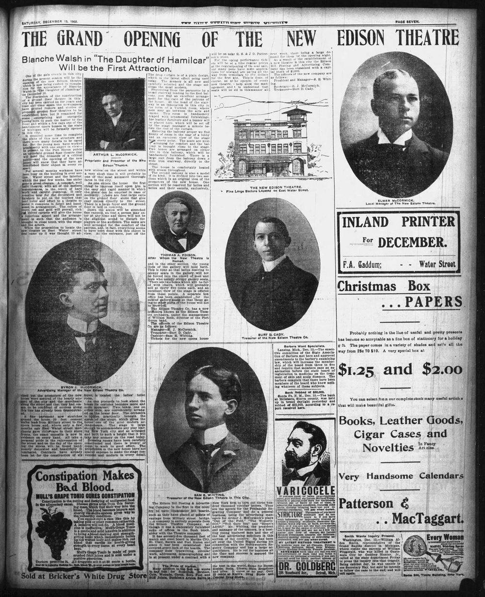 Edison Theatre - 1902 Grand Opening Article